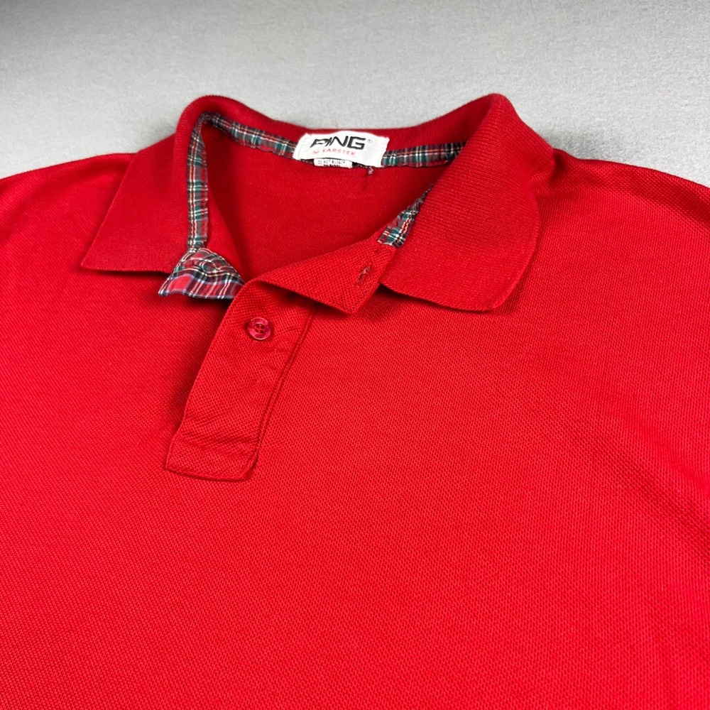 Vintage Ping by Karsten Mens Red Plaid Trim Pique Cotton Golf Polo Shirt Large